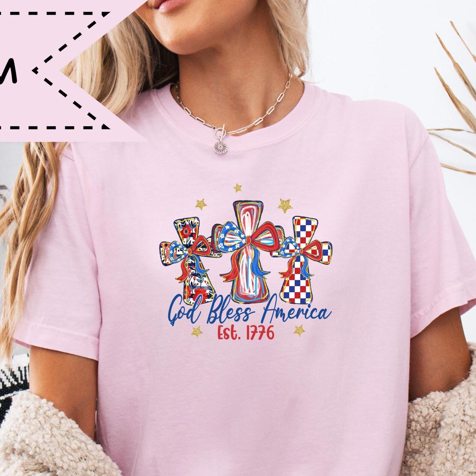 God Bless America Patriotic Cross T-Shirt, USA Flag Graphic Tee, 4th of July Celebration Tee, Christian Mom Shirt S