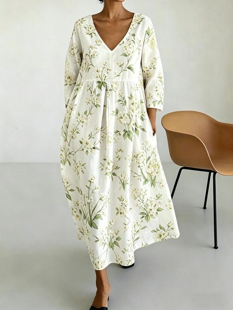 New French v-neck bubble sleeves waist print long dress flowers retro
