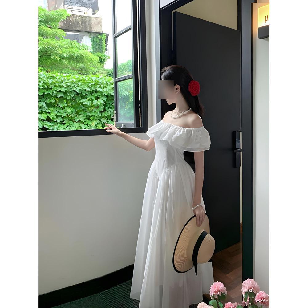 One-word Collar Waist Small Fresh Long Skirt Dress Women's Summer New Thin Cover Meat