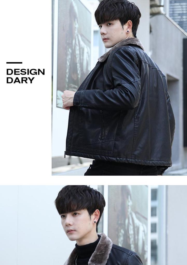 Men's Thick Leather Jacket with Fleece Lining - Lambswool, PU Leather, Lapel Collar, Warm Casual Coat for Spring & Autumn.