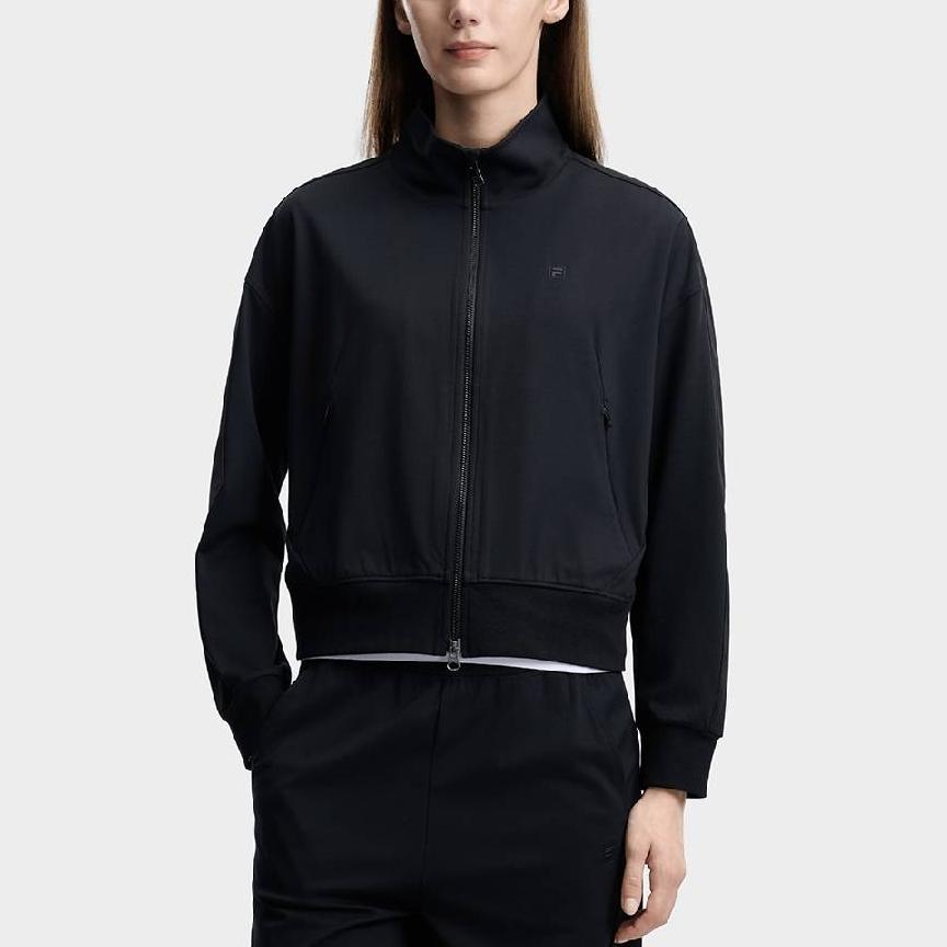FILA White Stand Collar Solid Loose Zip Knit Long Sleeve Jacket Women jackets F11W623501F-BK