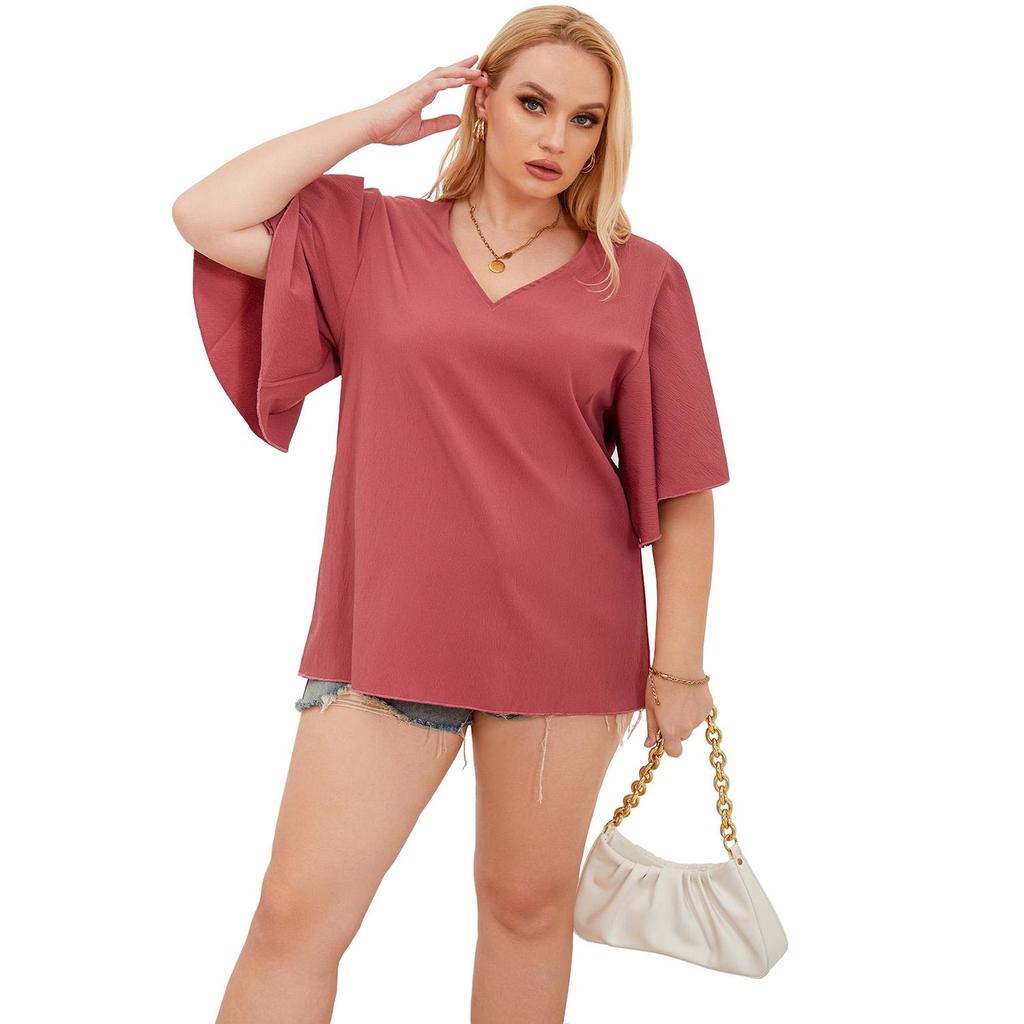 Women’s Oversized Tops Dolman Sleeves Loose Pullover Blouses Solid Color Plus Size V-neck Shirts Summer Casual Wear