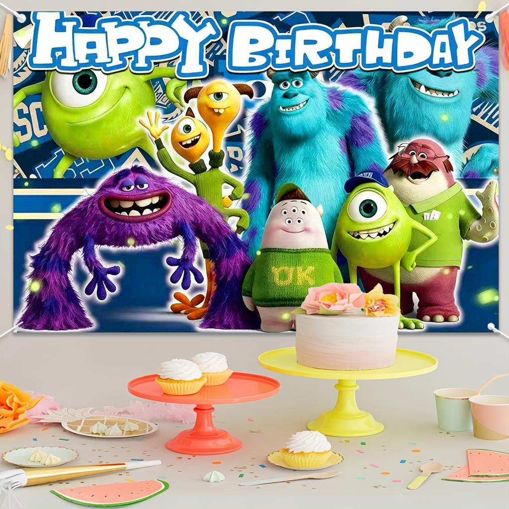 Monsters Birthday Backdrop, Monster University Happy Birthday Photo Background Banner, Mike Cartoon Theme Party Decorati