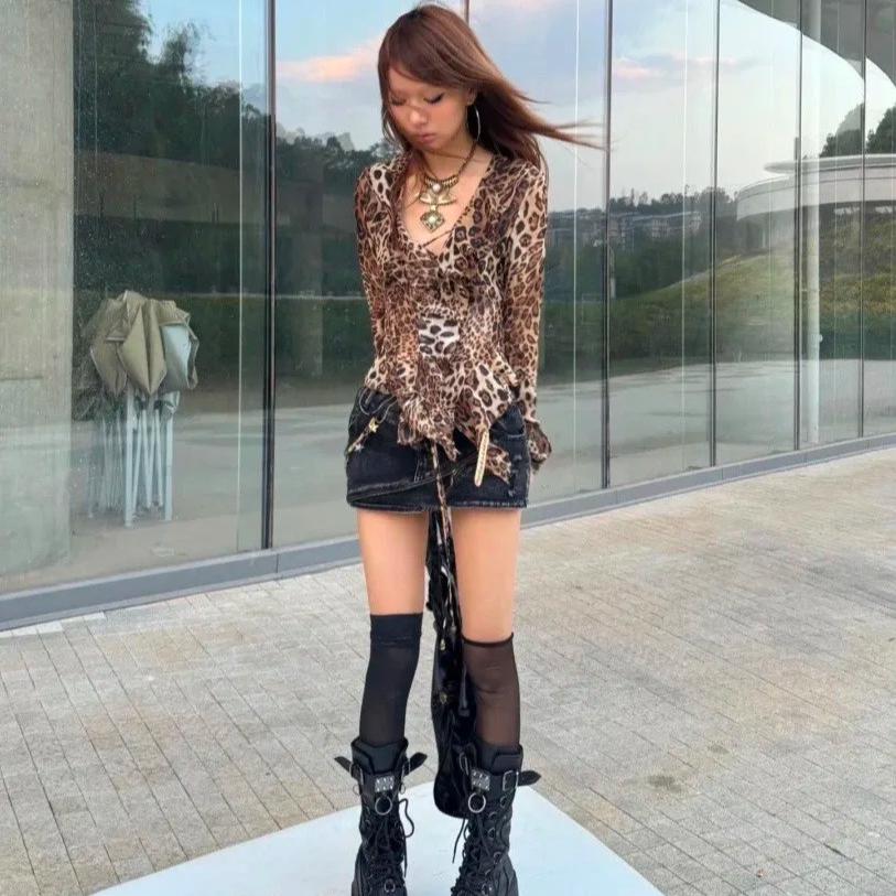 VAYLA Japanese Y2k Leopard Print Shirt Vintage Harajuku Ruffled Blouses Grunge Aesthetics V-neck Irregular Shirt Trashy 90s