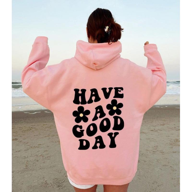 Autumn Women's Fashion: Rose Red 'GOOD DAY' Print Hooded Sweatshirt