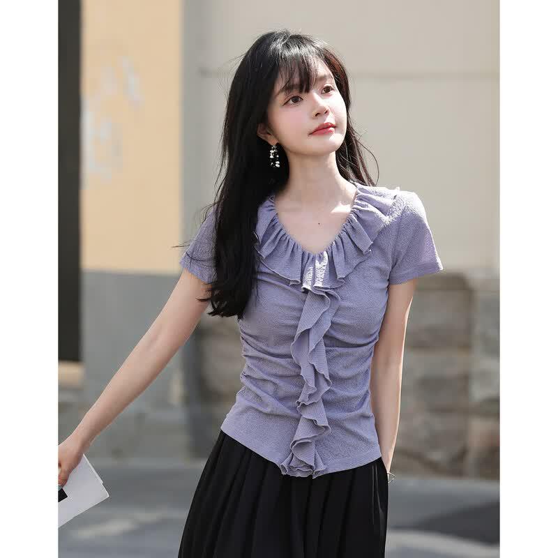 French Romantic Ruffle V-Neck Short Sleeve T-Shirt