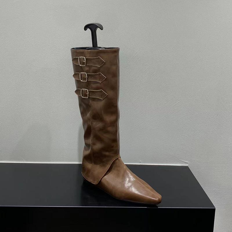 

Внутренние женские сапоги до колена, модные элегантные туфли с пряжкой на ремне, осенне-зимние, с острым носком, женские длинные сапоги в стиле рыцаря 35