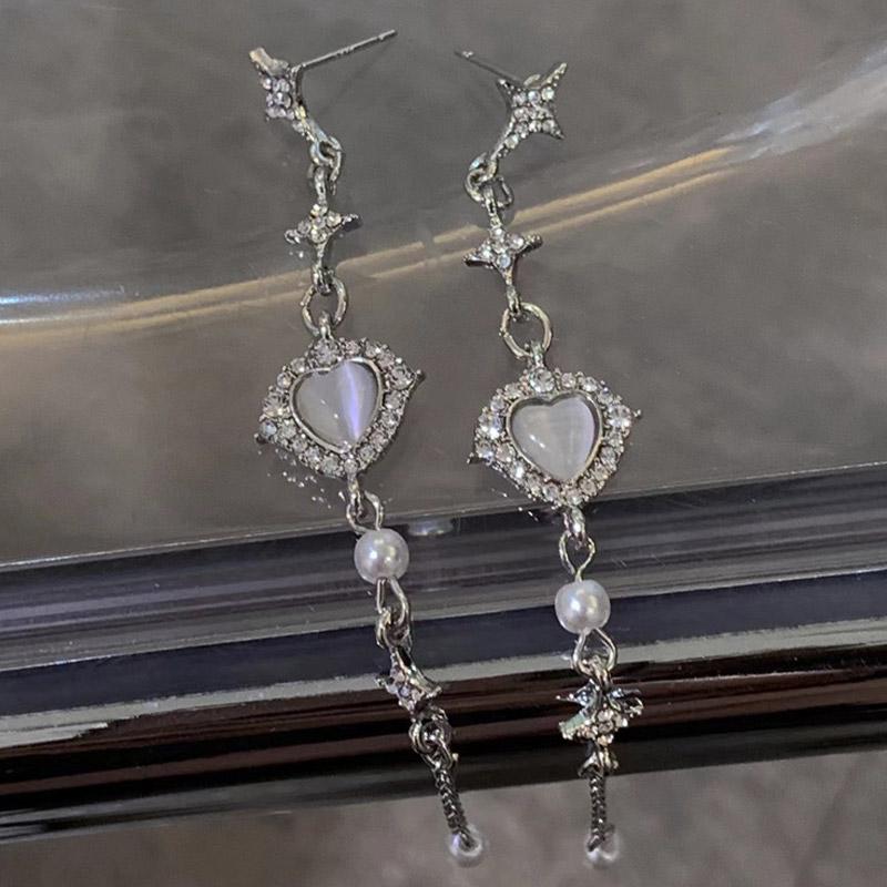 Korean Y2K Star Heart Tassel Earrings Zircon Cross Star Love Opal Drop Earring Elegant Aesthetic Rhinestone Heart Dangle Earring