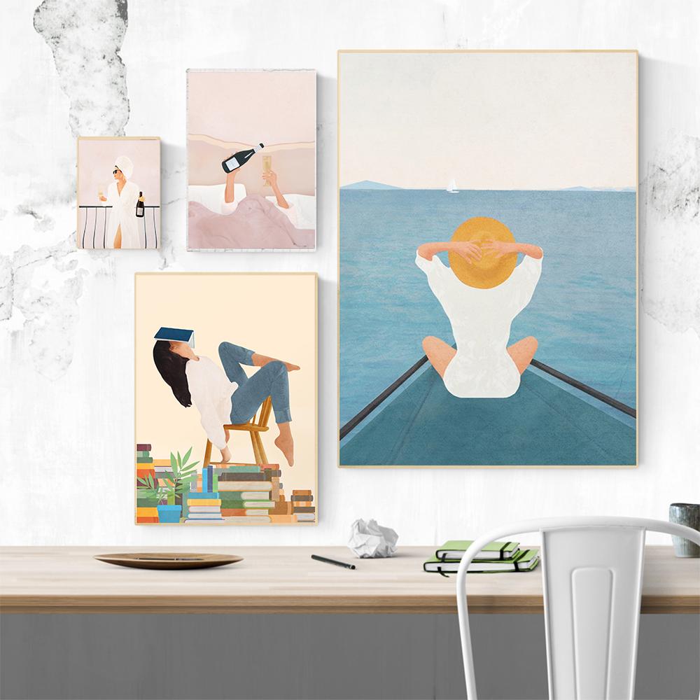 Lost In My Books Canvas Art Painting Morning Wine Poster and Print Summer Vacation Wall Art Pictures For Living Room Home Decor