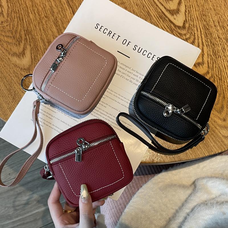 2025 Women's Genuine Leather Compact Wallet and Keychain - Lipstick, Earphone, and Coin Storage