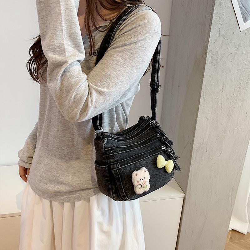 Women's Denim Crossbody Bag, Multi-Pocket, Cartoon Doll Design, Versatile Small Square, Trendy Single Shoulder Bag for Casual Travel