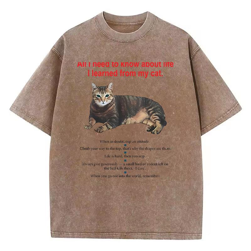 Fashion T Shirt Vintage Washed Cotton T-Shirt Funny Cat Graphic Tee Casual Streetwear Spring Summer