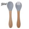 Kids Independent Eating Set Baby Led Weaning Spoon And Fork Set Soft Silicone Utensils Beech Wood Handle with Wooden Handles Toddler Self-Feeding