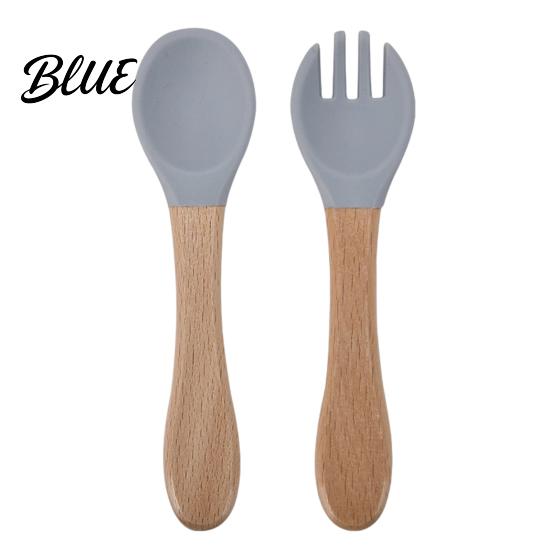 Kids Independent Eating Set Baby Led Weaning Spoon And Fork Set Soft Silicone Utensils Beech Wood Handle with Wooden Handles Toddler Self-Feeding