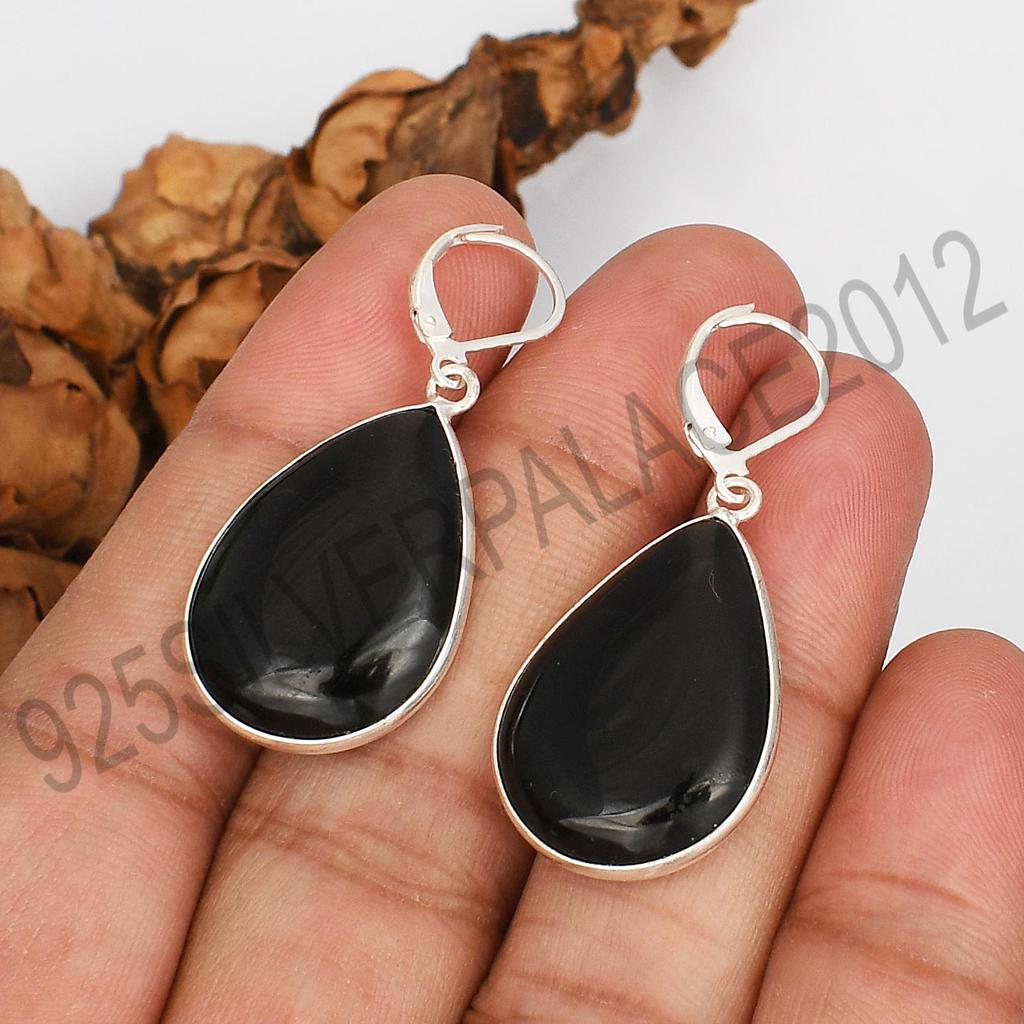 Black Onyx Pear Shape Earrings In 925 Sterling Silver Plated Handmade Dangle Jewelry Leverback Earrings