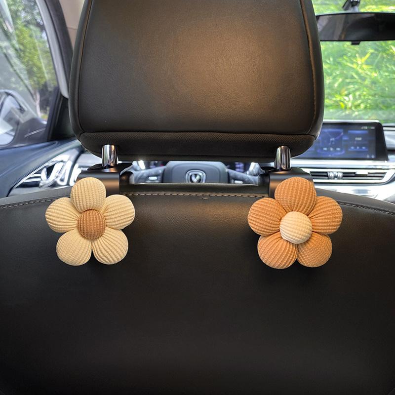 2PCS Cute Cartoon Flower Car Seat Back Hooks Storage Vehicle Headrest Organizer Hanger for Groceries Bag Handbag Auto Decor