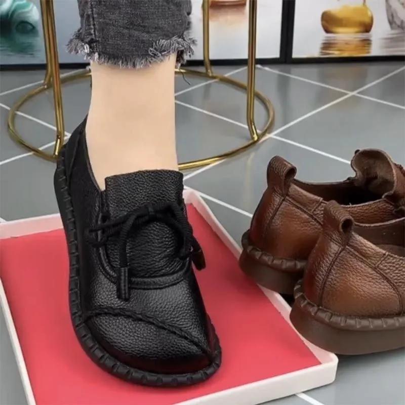 Frühling Damenschuhe Retro Ethno-Stil Schuhe Einzelschuhe Mutter Lederschuhe Weiche Sohle Runde Zehen Flache Schuhe
