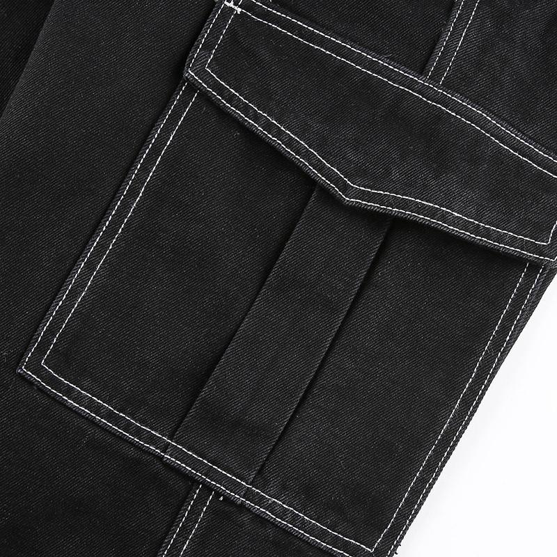 Pantaloni Cargo Streetwear Urbani, Pantaloni a Gamba Dritta Larghi a Vita Alta con Tasche Multiple, Jeans Neri Casual da Donna