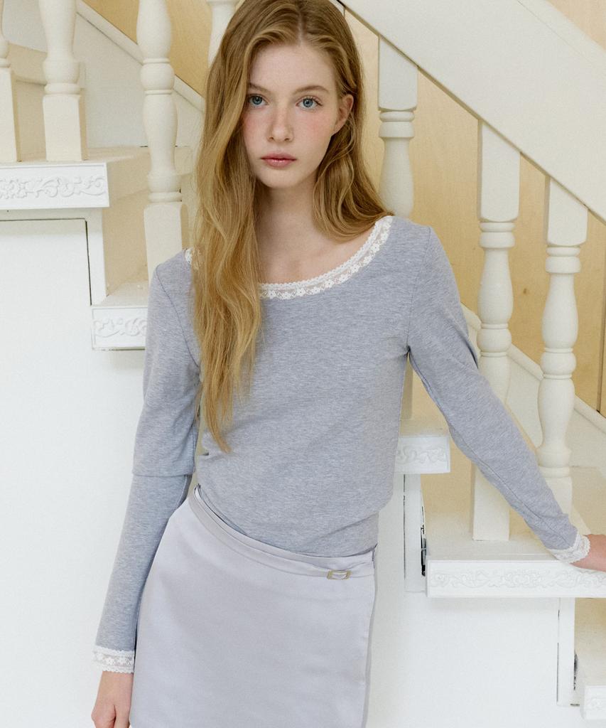 LETTER FROM MOON Letters Lace Boat Neck T-Shirt (Gray)