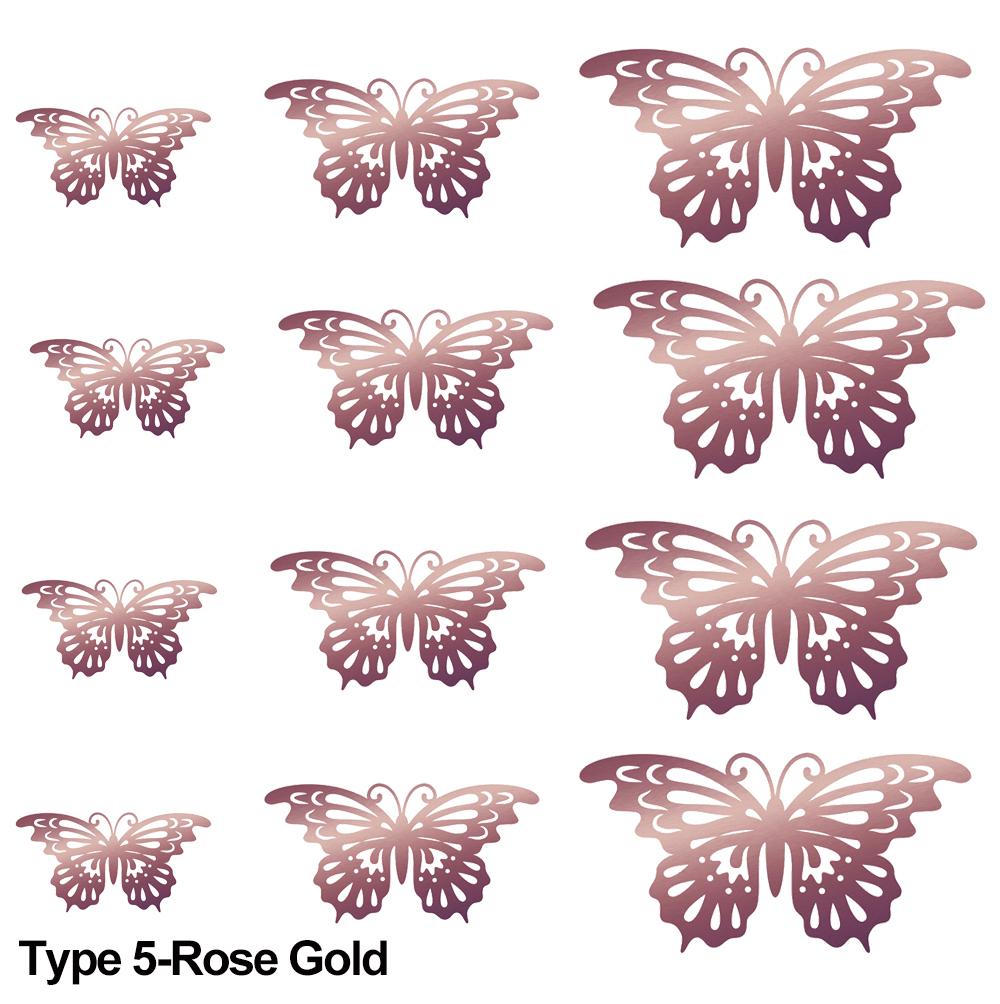 12Pcs/Pack 3D Hollow Out Butterfly Stickers Gold/Silver/Rosegold Mirror Decals Metal Texture Wall Art Wedding Party Supplies