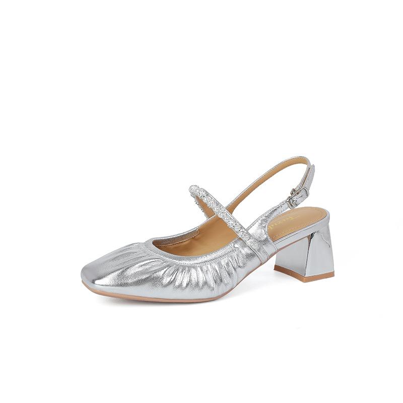 Square head shallow mouth Mary Jane high heels half bag head pearl rhinestone 2025 summer new with skirt thick heel sandals