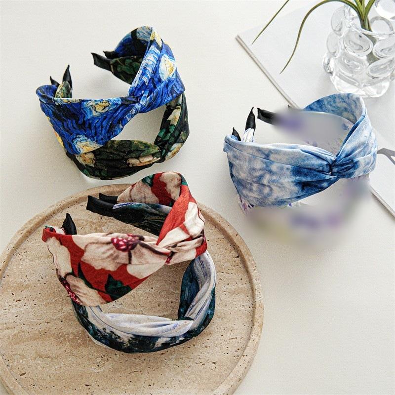 Summer New Vintage High-crown Cross Hairband, Fashionable Wide-edge Versatile Headband, Women's Printed Design