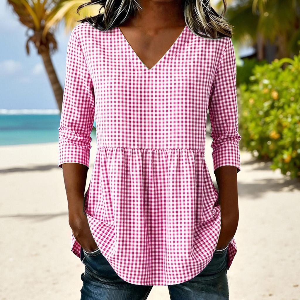 Women Loose Fit Casual Cotton Linen V Neck Plaid Three Quarter Sleeve Top Blouse Tunic Shirt for Everyday Wear