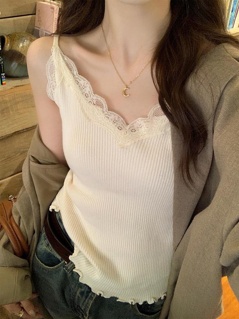 Lace V-Neck Women's Knitted Camisole: 2025 Autumn/Winter Trendy Layered Vest Design.
