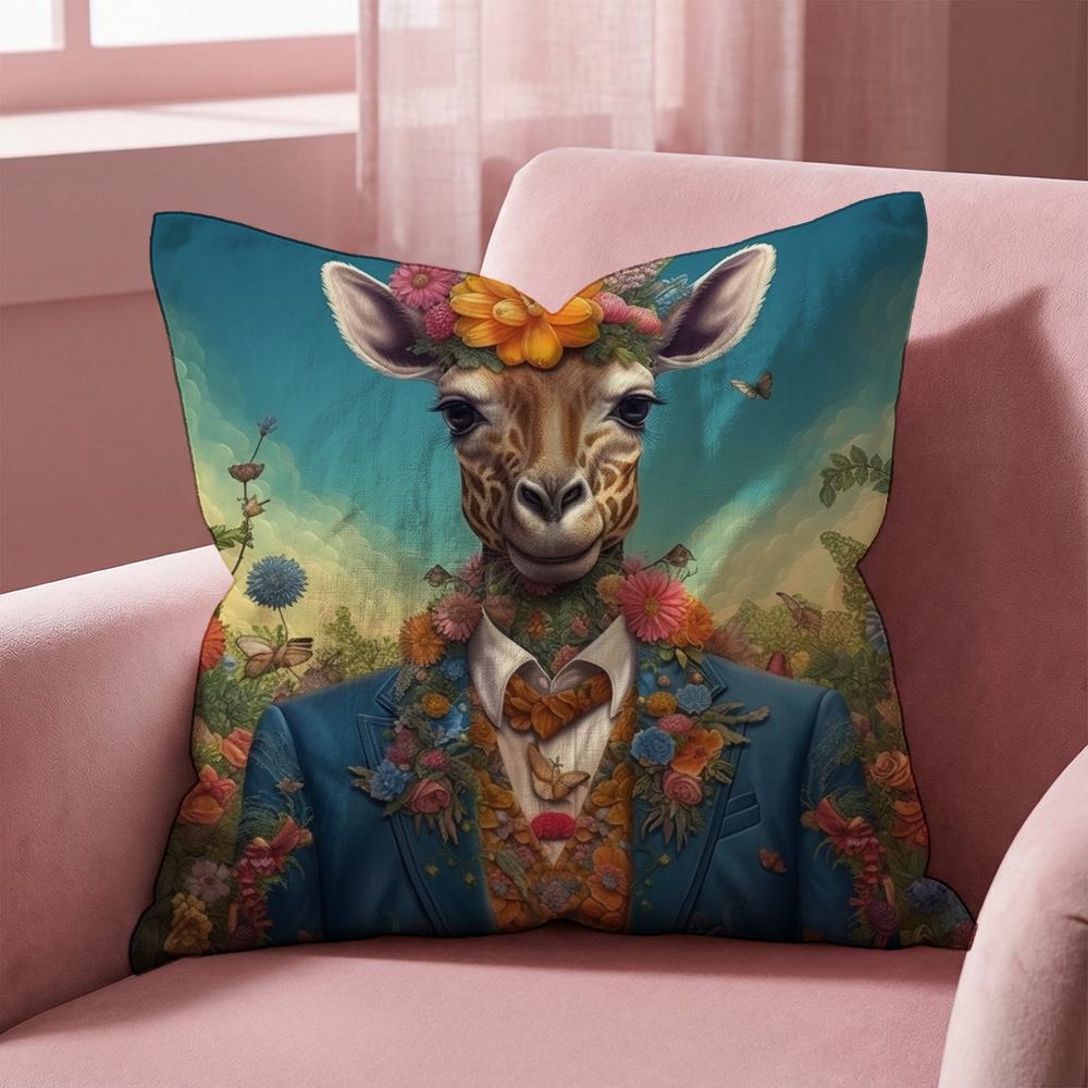 Retro Dressed Up Giraffe THEME Cushion Cover Multi-Scene Pillow Cover for Home & Car - Reversible, Soft & Durable for Daily Use