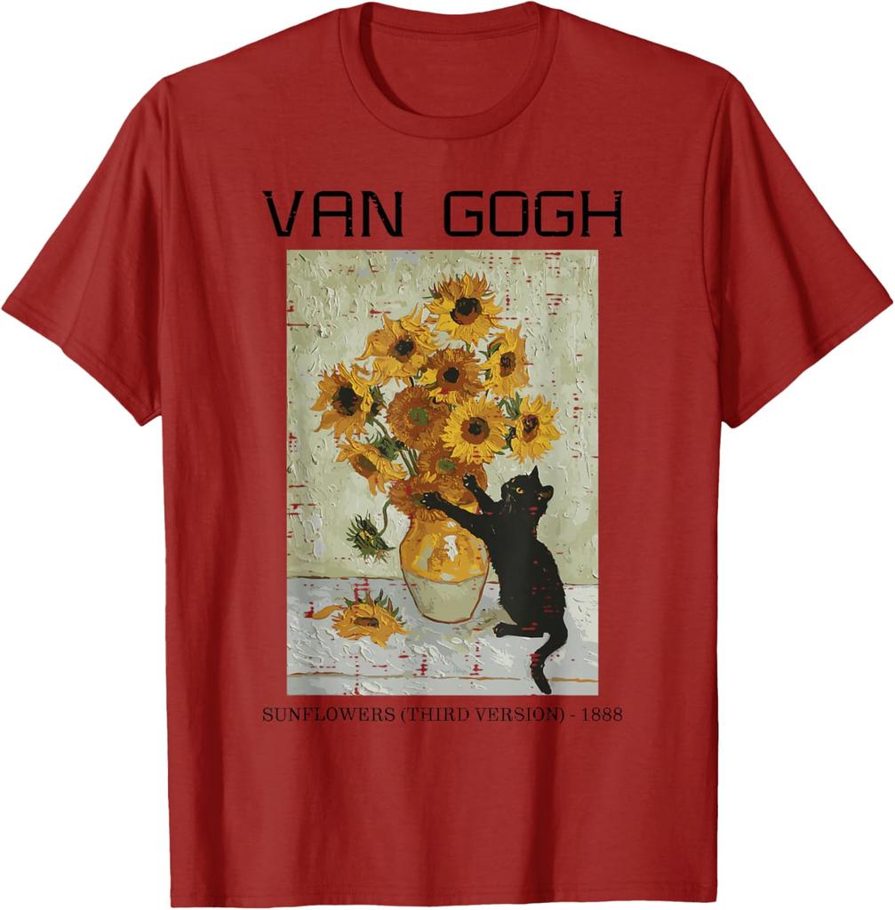Van Gogh Sunflowers Cat Black Cat Art Graphic Tee Casual Short Sleeve TShirt for Men Women