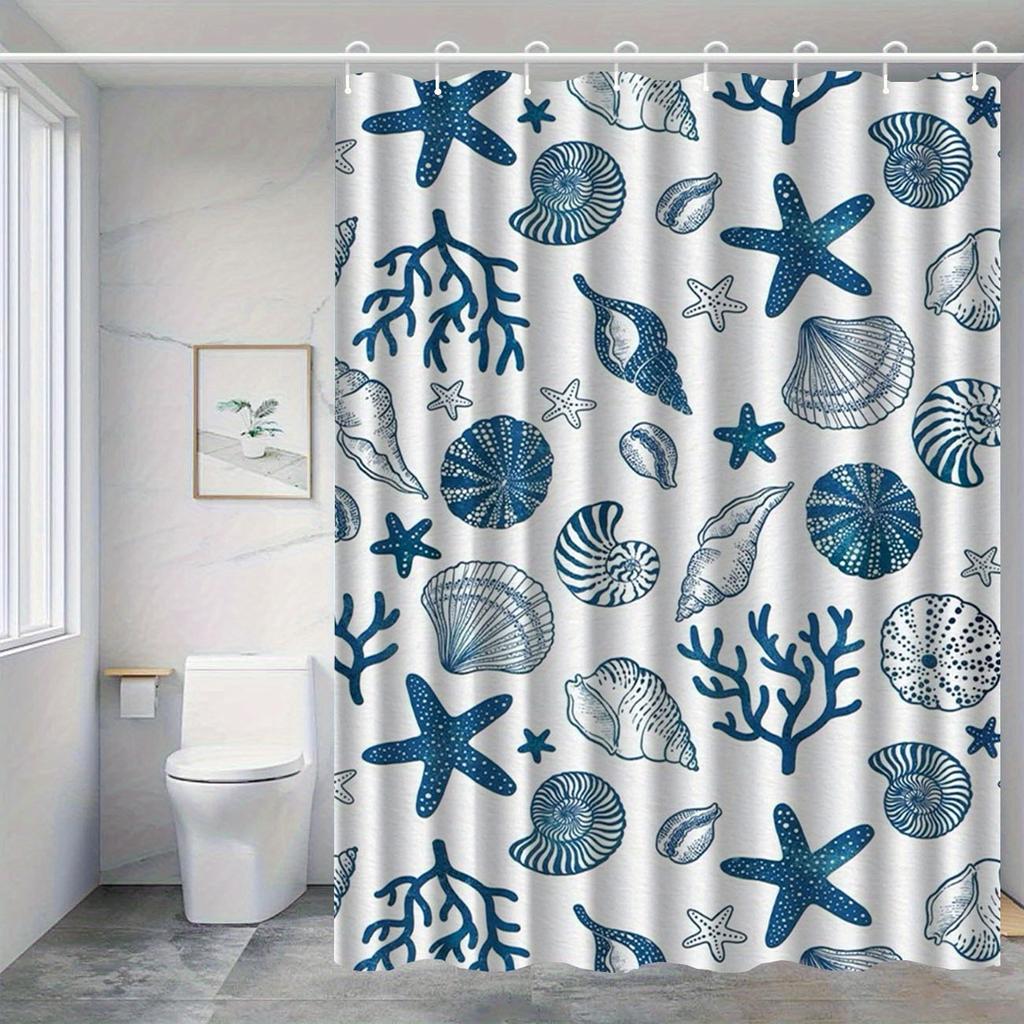 Mediterranean Coastal Shower Curtain with Hooks - Machine Washable Polyester Bathroom Decor, Artistic Starfish & Seashell Design