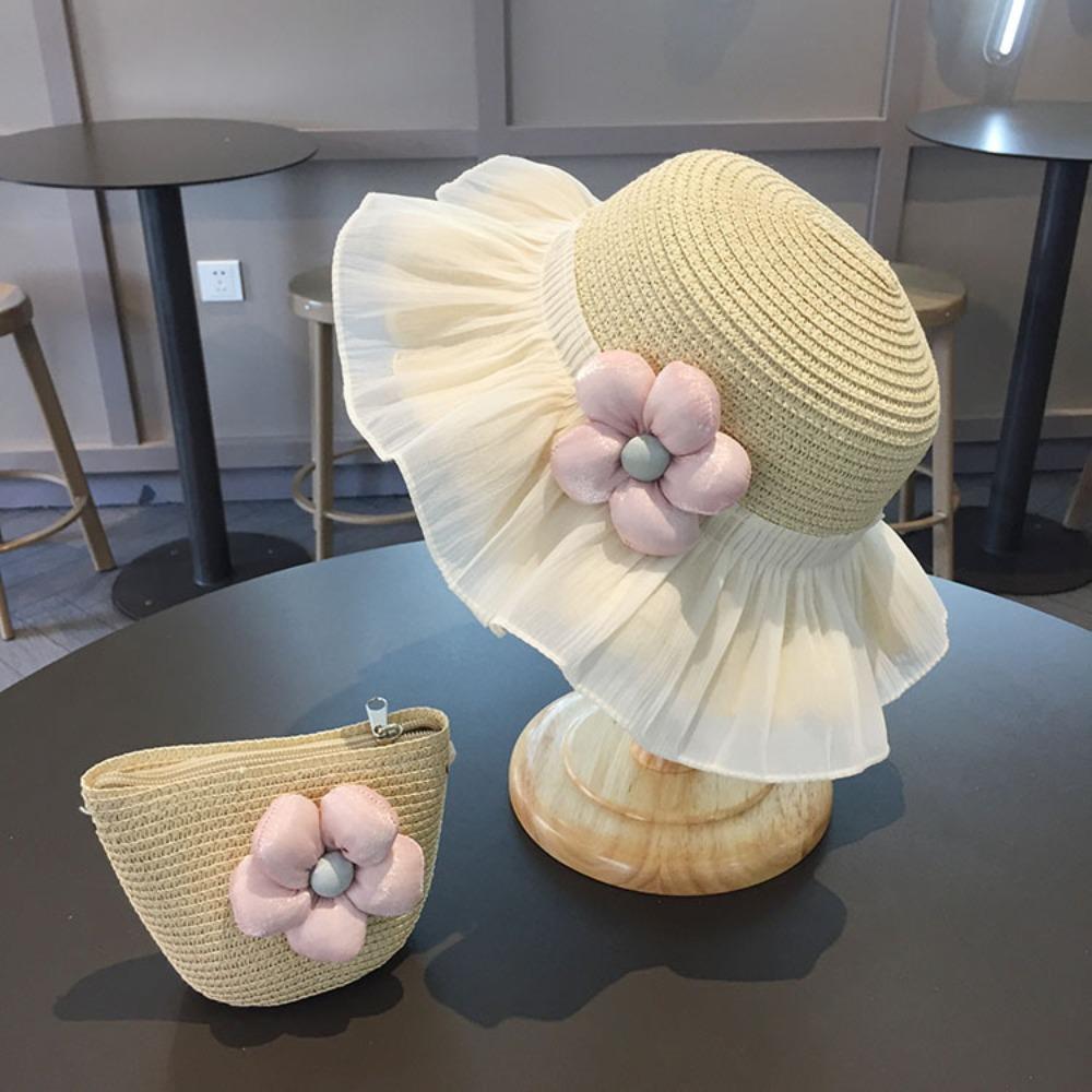 

UV Protection Kids Straw Cap Bag Big Brim Beach Cap Fashion Sun Hat for Children Girls Beige bag
