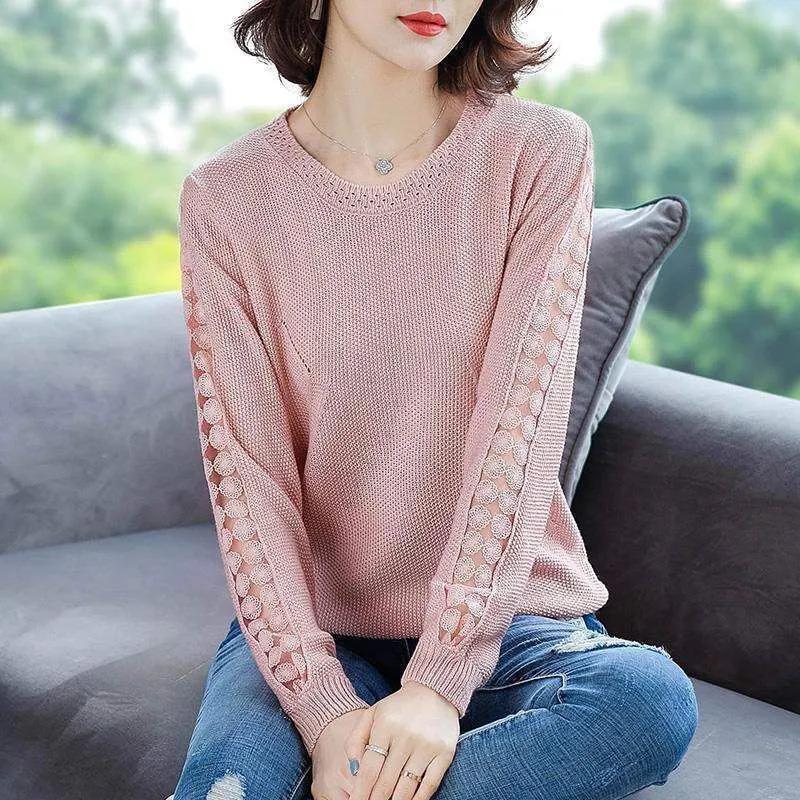 WTEMPO Spring Autumn Winter Solid Color Lace Hollow O-Neck Knitted Pullovers Women's Large Size Casual Versatile Loose Sweaters