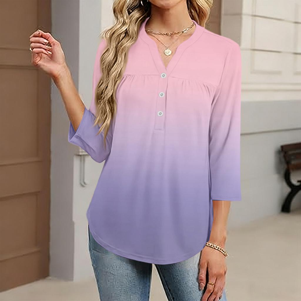 Modisches lässiges Damen-T-Shirt-Top mit Farbblock-Gradienten-Print, V-Ausschnitt, Knopfleiste und Dreiviertelärmeln