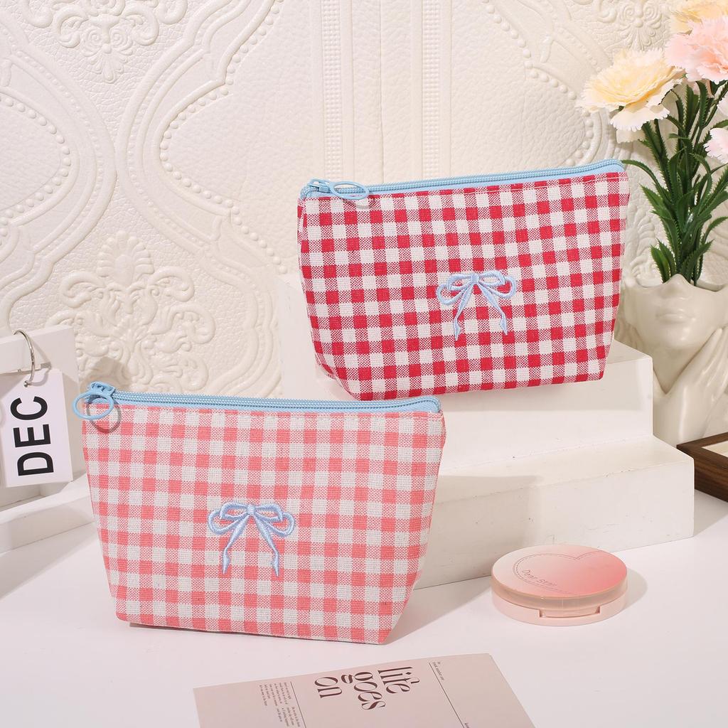 Large Plaid Makeup & Toiletry Bag with Bow Embroidery - Portable Handheld Storage & Student Pencil Case