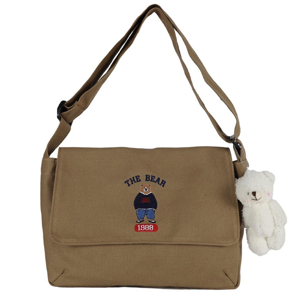 

Cute Crossbody Bag Canvas Messenger Bag Ins Embroidery Bear Shoulder Bag Women Men коричневый