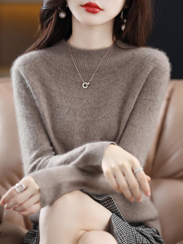 Women's Slimming 100% Wool Half-High Neck Sweater, Seamless Cashmere Knit Base Layer, Autumn Winter Loose Top with Hollow-Out Design
