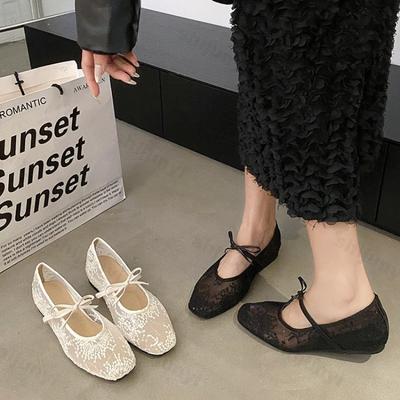 Fashion Summer Women Ballet Flats Shoes Hollow Lace Non Slip Fashion 2025 New Bow Women Shoes Mesh Breathable Female Mary Jane Sandals