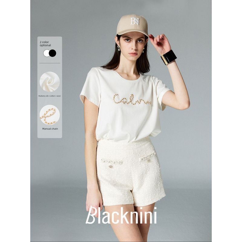 Blacknini Yin Huafu Less Is More Black and White Vertical Cut Chain Decoration round Neck T-shirt