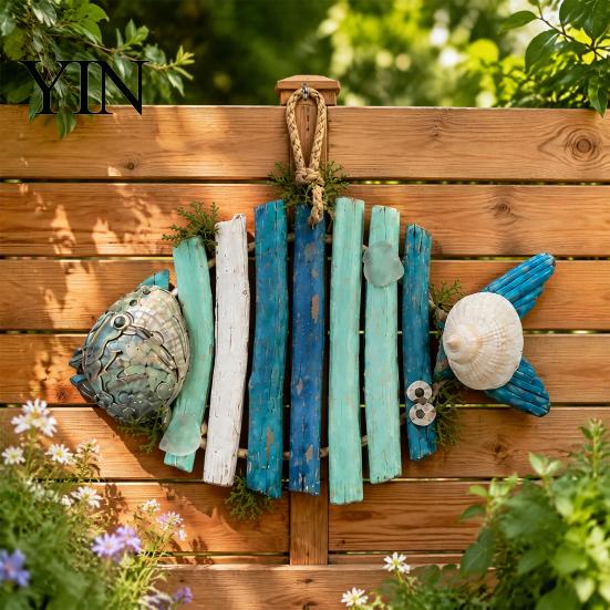 Nautical Wall Decor Lighted Wooden Fish Hanging Decor, Rustic Fishing Wood Sculpture with LED Lights, Retro Blue Art Coastal Beach Theme Farmhouse