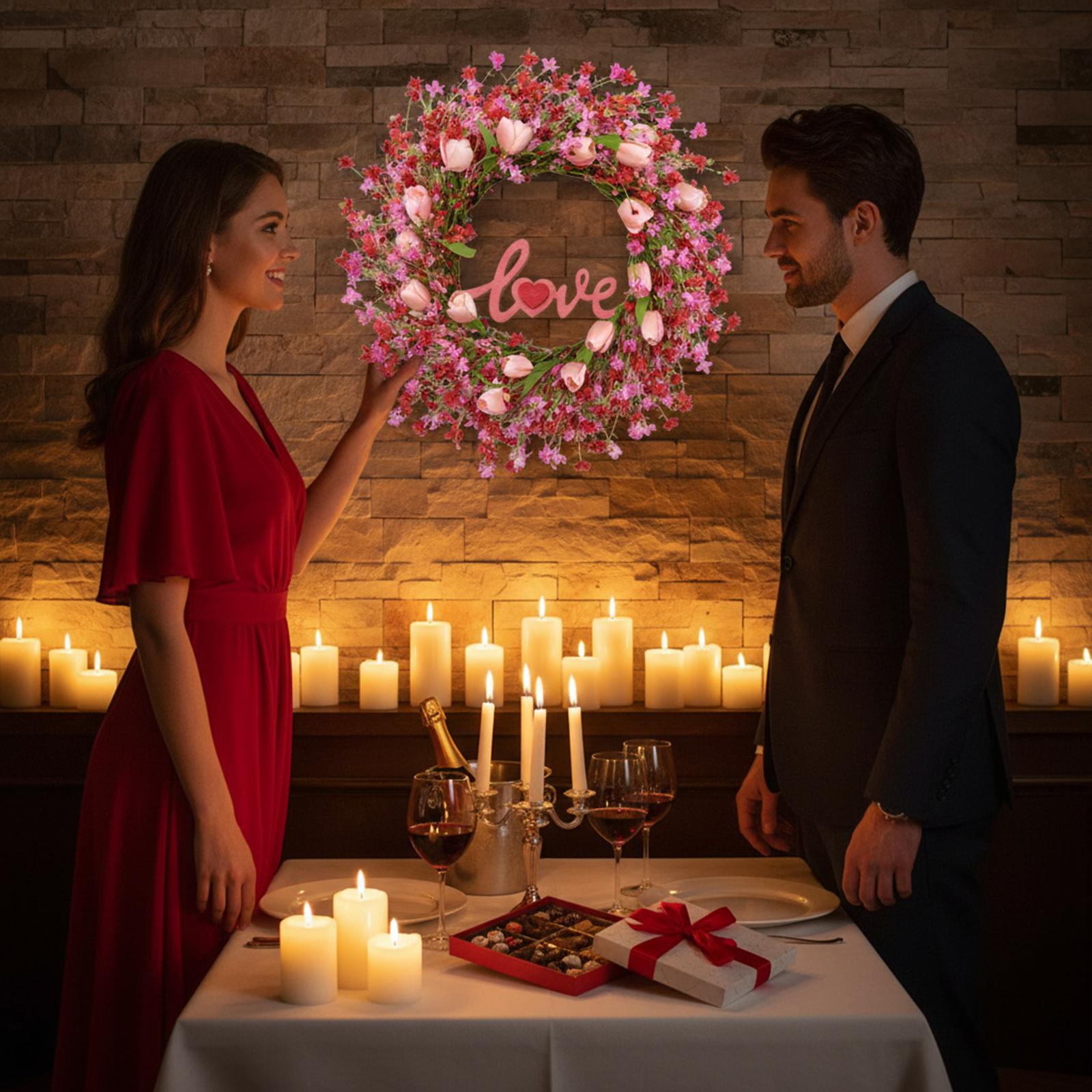 

Вінок на День Святого Валентина, прикрашений форзицією, ягодами у формі серця та зеленим листям, ідеальний вінок для вхідних дверей на День Святого Валентина. One Size