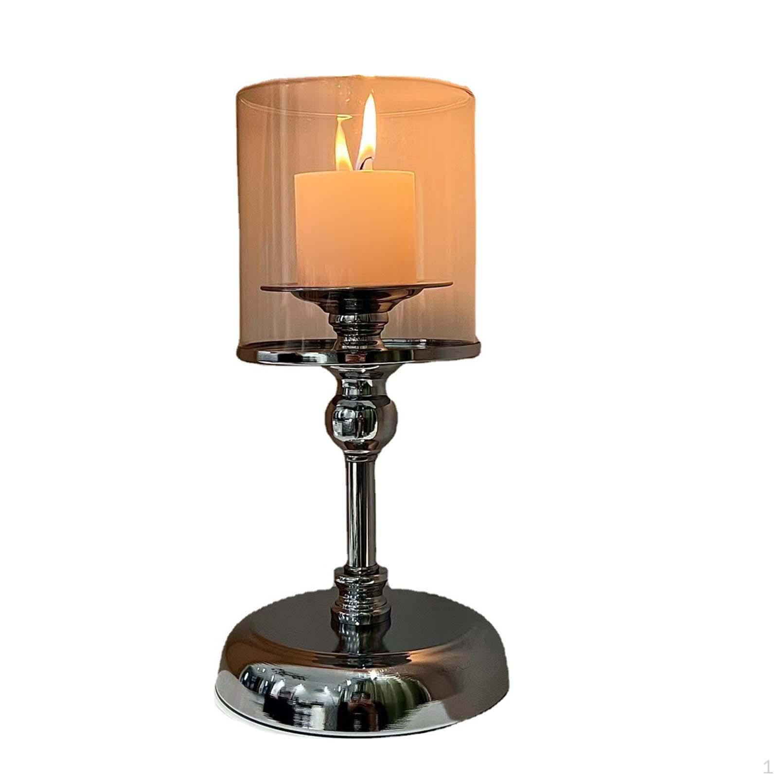 

Pillar Candle Holder with Glass Modern Candlestick Metal Base Sturdy 4.7x13.4inch Dinner Decoration