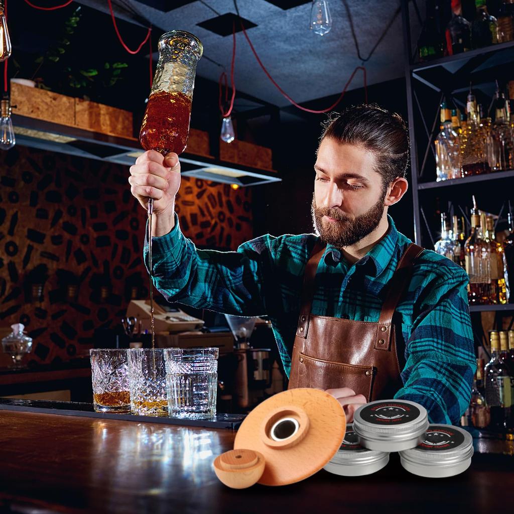 Cocktail Räuchergerät Rauchkopf Whiskey Räucher Set mit 4 Arten von Holzspänen (Eiche, Pfirsich, Apfel, Kirsche), Filter und Löffel - Aus Holz