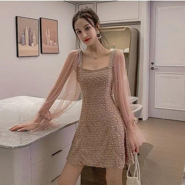 2026 Women's Elegant Mid-Length Mesh Splice Dress - Spring/Autumn, Waist-Cinched, Long Sleeve, Little Fragrance Style.