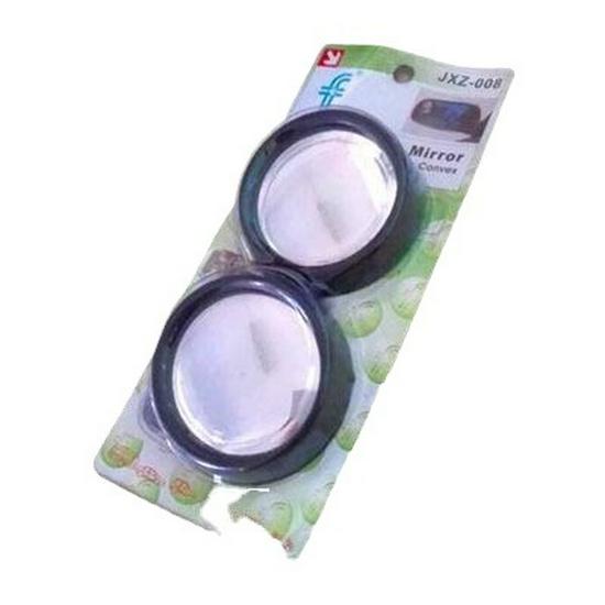 Small round mirror with 360 degree rotation for blind spot viewing, featuring convex glass for wide angle rear view assistance.