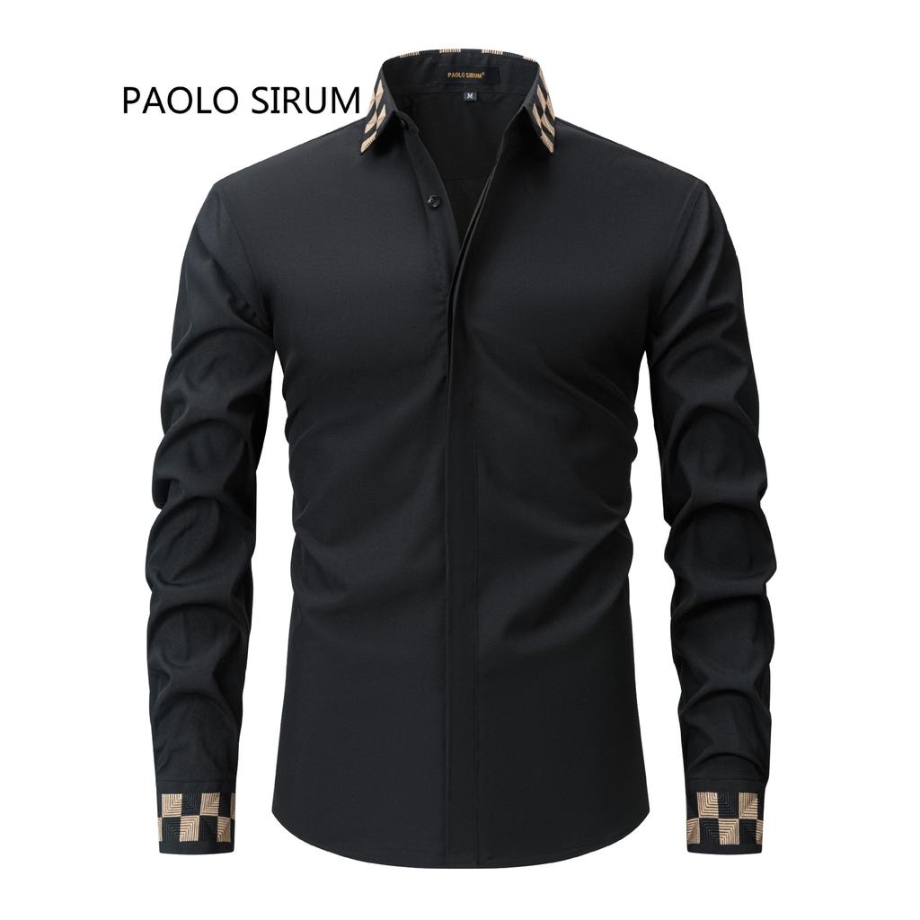 Fashionable Embroidered Long-sleeved Men's Shirts Fashionable Versatile Lapel Long-sleeved Casual Button Splicing Cardigan