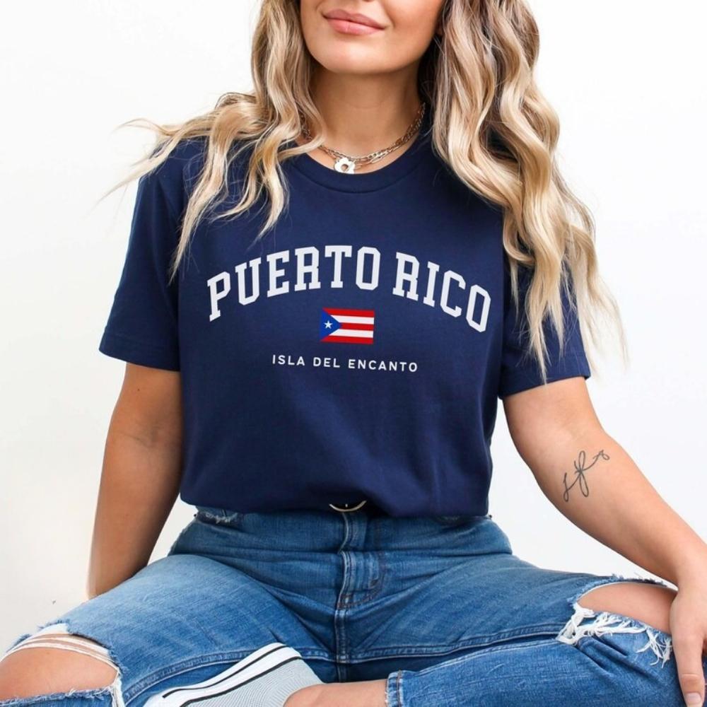 Puerto Rico Isla Del Encanto Graphic Shirt Unisex Unisex Cotton Tshirt Vintage Varsity College Font Puerto Rican Flag Patriotic Tee
