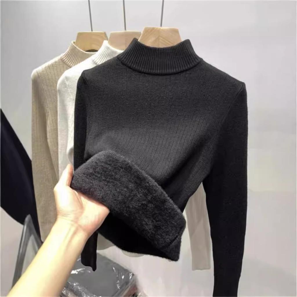 One Piece Velvet Semi High Neck Base Sweater for Women In Autumn and Winter, Paired with A Sweater and Velvet Warm Base Knit Sweater