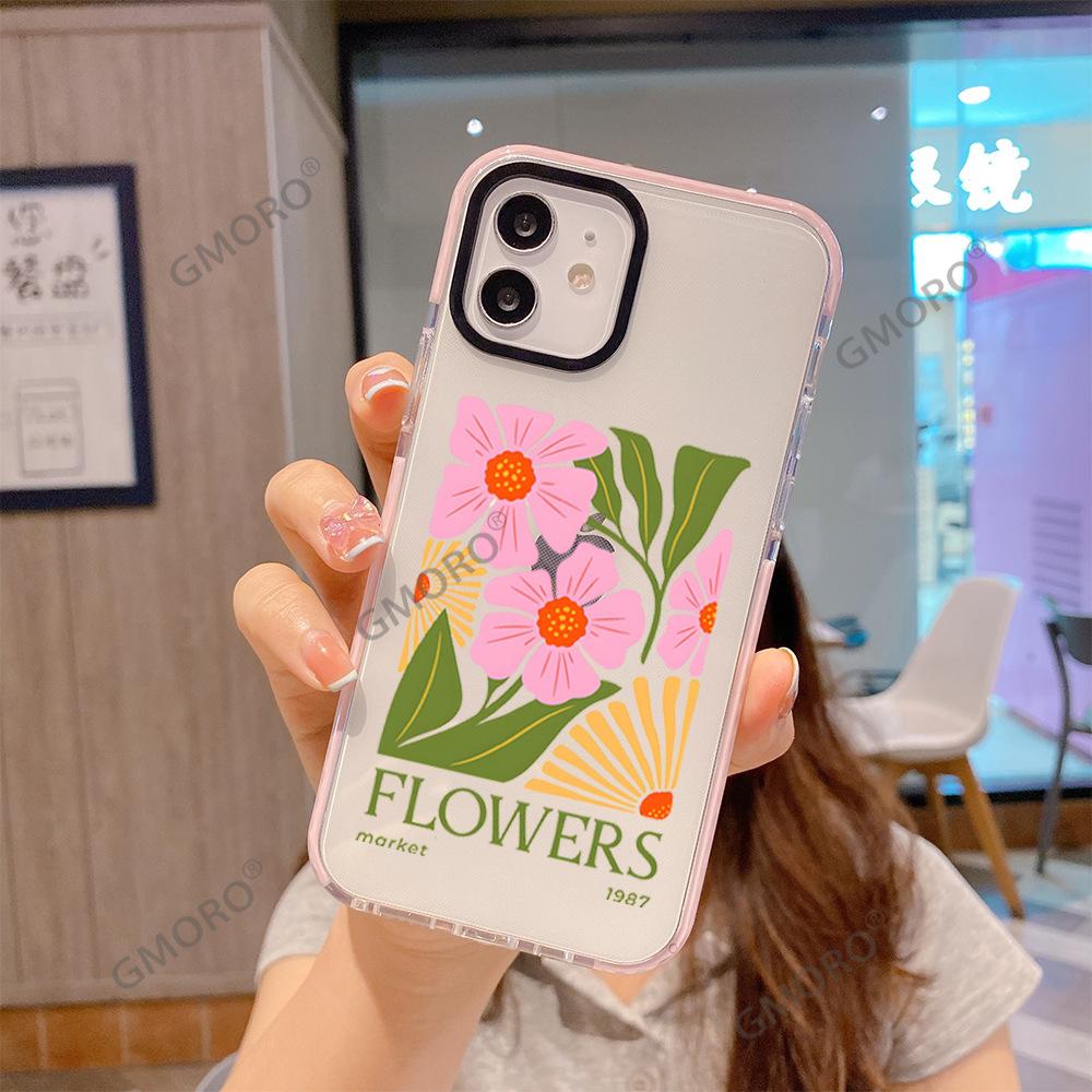 Spring Doodle Pink Flower Phone Case Suitable for iPhone 17 Full-Coverage Transparent Apple 16pm Women's Protective Case