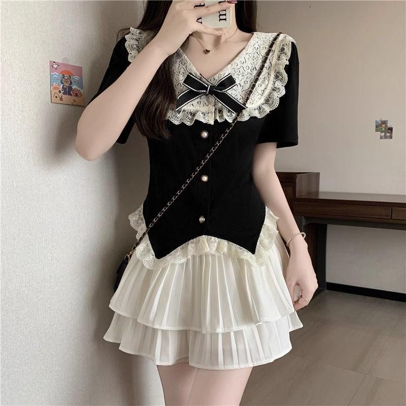 Ensemble Top à Col Doll en Dentelle et Jupe Superposée pour Filles Petites - Académie d'Été